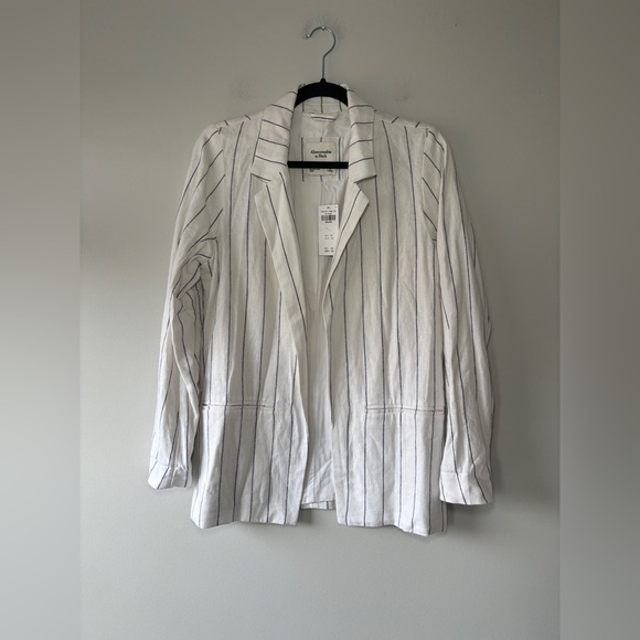 NEW Abercrombie & Fitch White Navy Pin Stripe Linen Blend Blazer‎ Size Medium - Picture 4 of 10